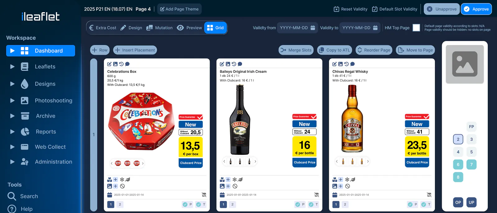 iLeaflet-Ansicht: Seiteneditor mit Workspace-Navigation, Produkt-Slots im Raster und Freigabe-Schaltflächen.